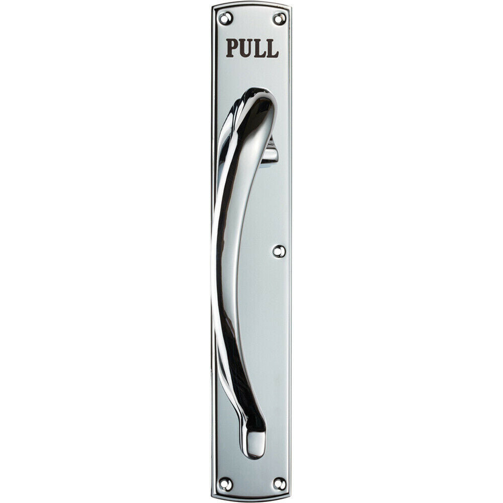 Curved Left Handed Door Pull Handle Engraved with 'Pull' Polished Chrome
